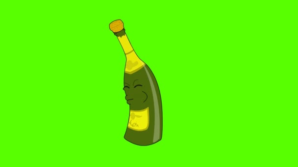 Bouteille de champagne drôle sautant et bouchon éclatant. Écran vert — Video