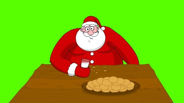 Gran Papá Noel gordo comiendo galletas y bebiendo leche. Pantalla verde — Vídeo de stock