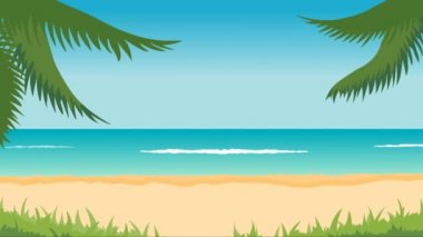 animasyon tropikal peyzaj - plaj, deniz, dalgalar, avuç içi.