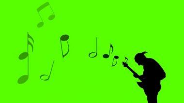 Silhouette - iskambil gitar ve uçan müzik müzisyen. yeşil ekran