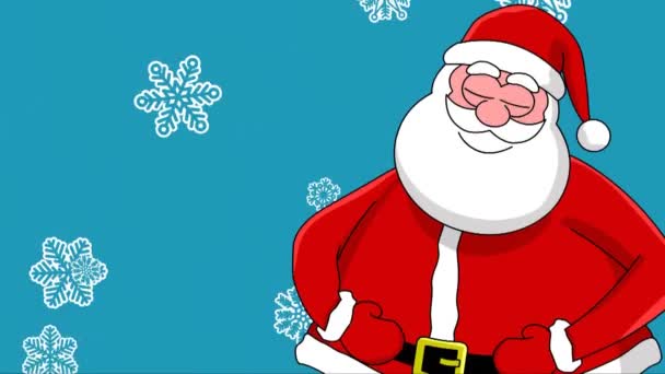 Funny laughing Santa Claus and different sort of snowflakes. Blue background — Stock Video