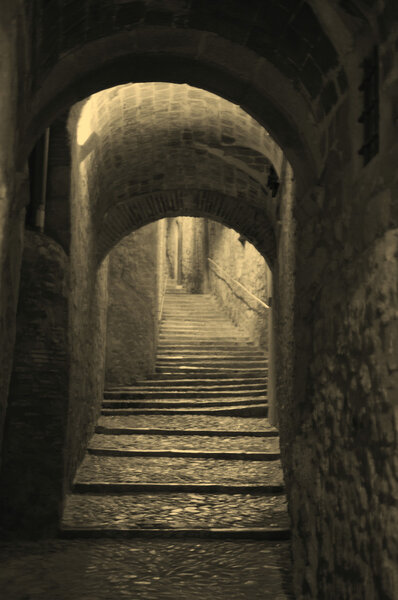 The street at Medieval Girona in old style, Catalonia, Spain