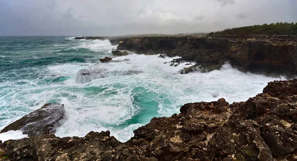 Грубые Океанские Волны Врезаются Скалистые Скалы Норт Пойнта Барбадоса Карибского — стоковое фото