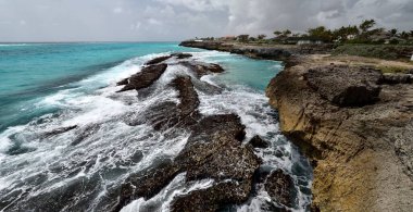 Shark Hole yakınlarındaki Rocky kıyı şeridi, Barbados adasının batı kıyısı, Karayip Adaları