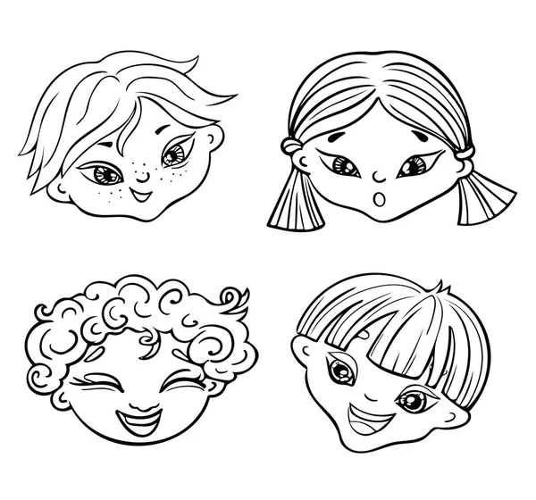 Enfants visage expressions icône ensemble. Émotions d'enfants de différentes nationalités. Illustration dessinée main. — Image vectorielle