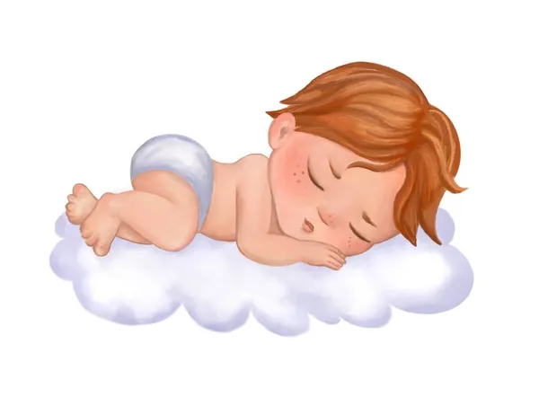 Bulutta uyuyan sevimli bir bebek. Kırmızı saçlı, mavi elbiseli bir çocuğun suluboya çizimi. — Stok fotoğraf