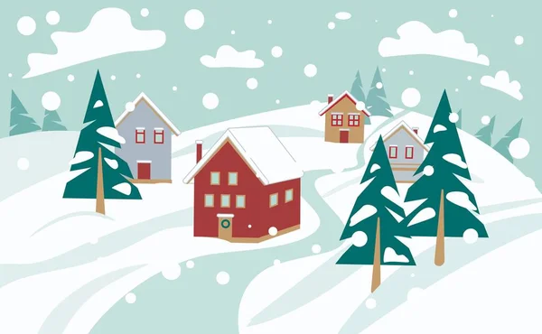 Casas de dibujos animados de invierno en el paisaje de las montañas. Ilustración vectorial día nevado — Vector de stock