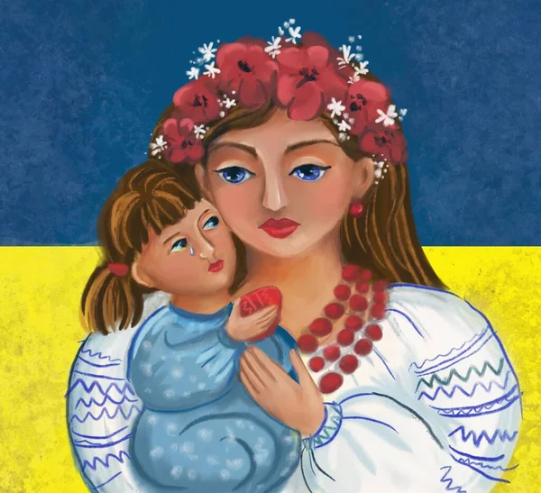 Мати і дитина Українські біженці Ілюстрація. Українці в традиційному одязі на синьому жовтому тлі. — стокове фото