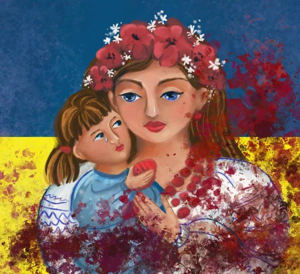 Украинская мать и ребенок в брызгах крови. Украинцы в традиционной одежде на сине-желтом фоне. Концепция войны — стоковое фото