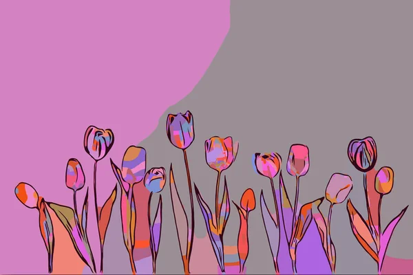  Tarz sahibi laleler büyüyor. Parlak çiçekli bahar çiçekleri. Basit dijital düz çizim. Soyut afiş illüstrasyonu. Klasik grafik. Vektör illüstrasyonu.
