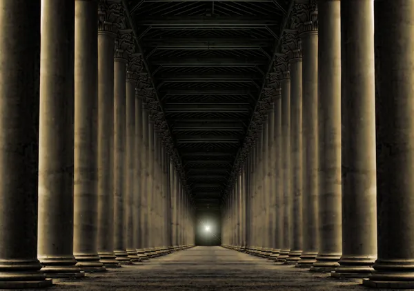 light at end of row of pillars