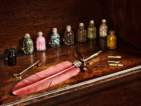 Penna e barattoli di piume — Foto Stock