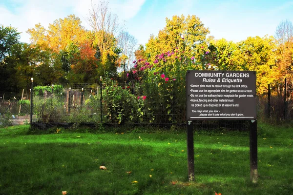 Community Garden Sign Autumn Morning — Stock Photo, Image