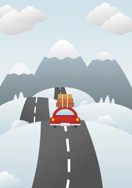 Paisaje invernal con coche en la carretera — Vector de stock