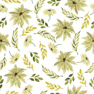 Çiçekler, yapraklar, tomurcuklar ve beyaz arkaplanda yeşil dallarla sulu boya deseni.