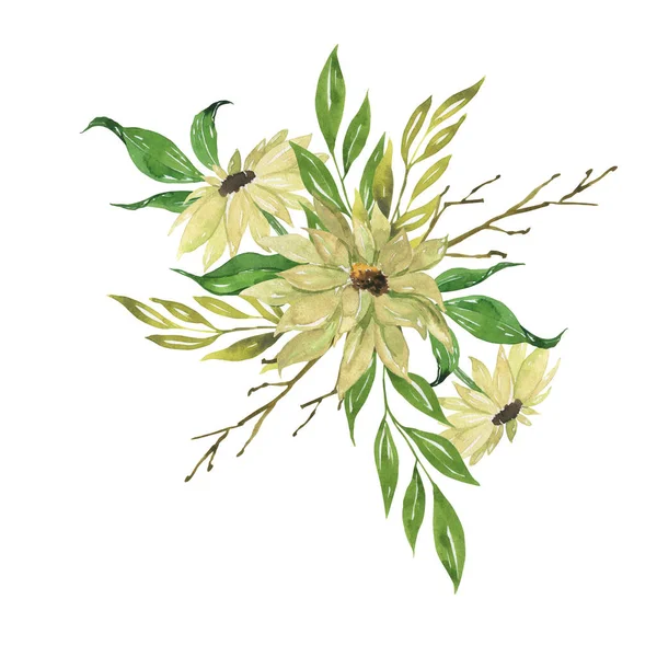 Akvarell Handritad Illustration Vacker Blommönster Med Blad Och Blommor — Stockfoto