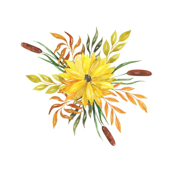 Ακουαρέλα Floral Σχέδιο Λουλούδια Φύλλα Μπουμπούκια Ηλίανθο Κλαδιά Κρίνο Χαμομήλι Royalty Free Εικόνες Αρχείου