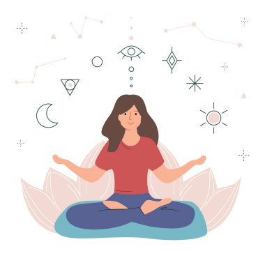 Yoga illüstrasyonu yapan genç bir kadın.
