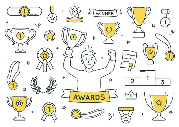Awards Elements Doodle Set Isolated — Stock Vector