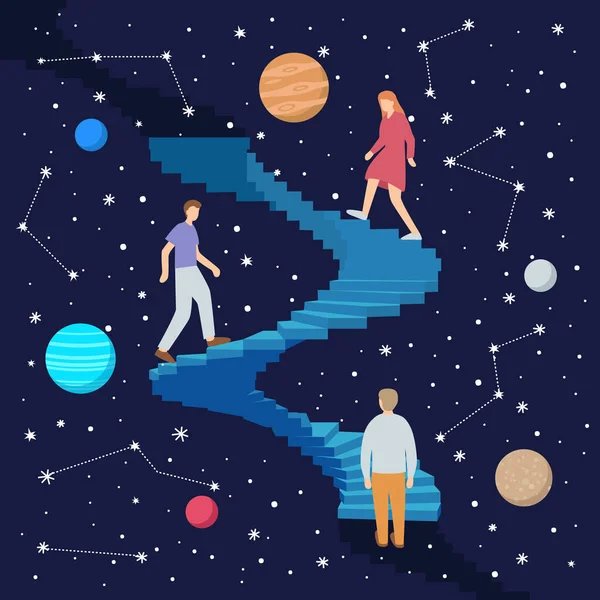 People Walking Spiral Staircase Stars Planet — Stock Vector