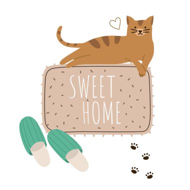 Kedi halının üzerinde yatıyor. Kedi, halı, terlik. Evim güzel evim. Modern resimleme.
