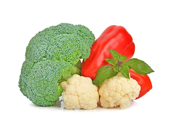 Broccoli, cauliflower, red pepper and basil isolated on white — Stock Photo, Image