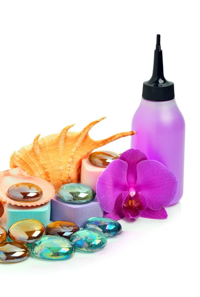 Spa Stones, seashell, bath sponge and an orchid flower — Stock Photo, Image