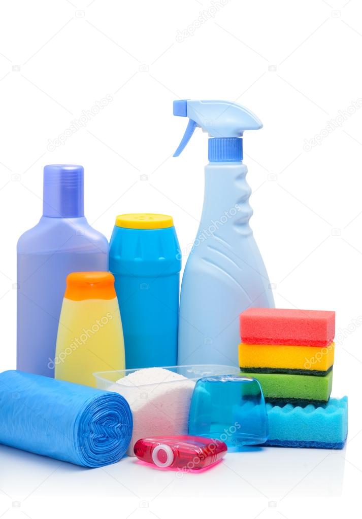 Cleaning supplies, sponges, cleaning powder and garbage bags
