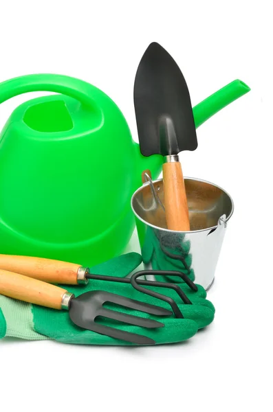 Drenken-kan, rake, pot, rubber handschoenen — Stockfoto