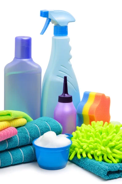 Cleaning supplies, sponge, microfibre, towels, napkins — Stock Photo, Image