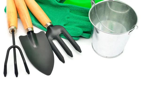 Drenken-kan, rake, pot, rubber handschoenen — Stockfoto