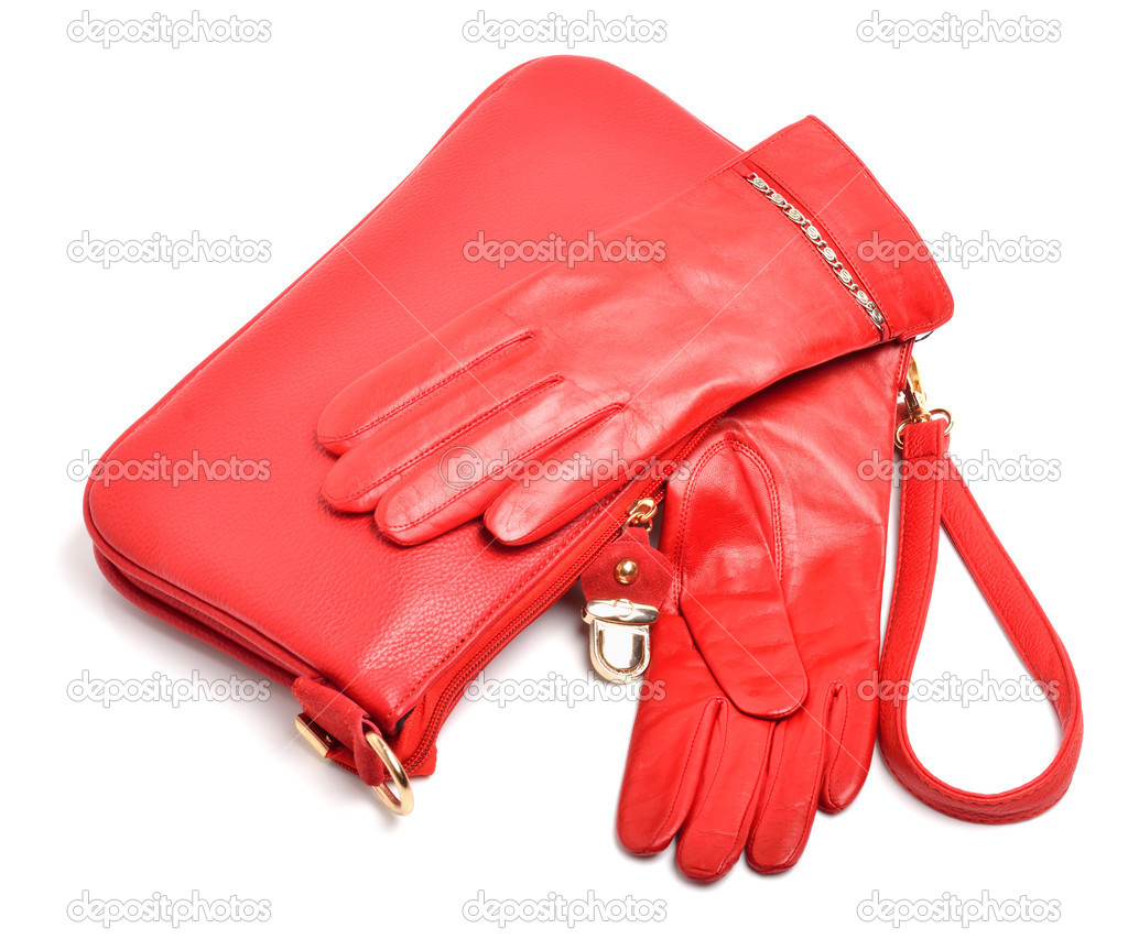 Stylish woman leather red bag and gloves