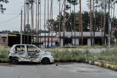 15 Temmuz 2022 'de Rusya' nın Ukrayna 'yı işgalinden sonra tahrip edilmiş küçük beyaz bir araba çam ağaçlarının arkasında duruyor.