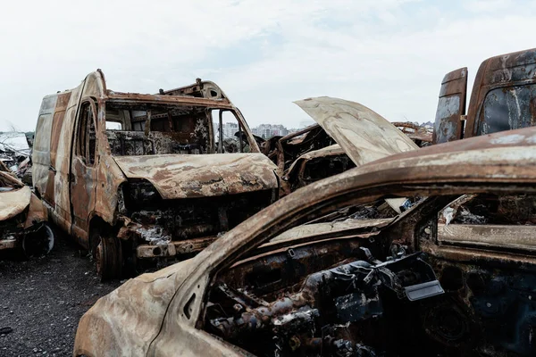 Burned Civilian Car Stacked Vehicles War Ukraine Bucha 2022 —  Fotos de Stock