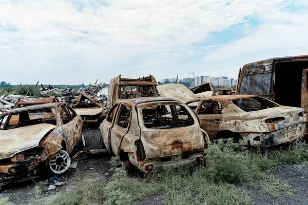 Burned Civilian Car Stacked Vehicles War Ukraine Bucha Irpin —  Fotos de Stock