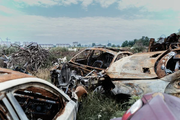 Consequences War Ukraine Destroyed Cars Irpin Bucha District 2022 —  Fotos de Stock