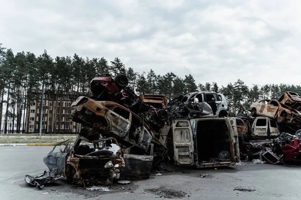 2022 Irpin Багато Розстріляли Знищили Машини Цивільних Зібрані Автокладовищі Ірпіні — стокове фото