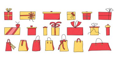 Hediye kutuları beyaz arkaplanda izole edildi. Gifware koleksiyonu. Tatil sembolleri sunar. Vektör illüstrasyonu.