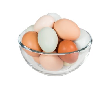 farklı renk, taze, tavuk yumurtası bir cam kase çeşitleri