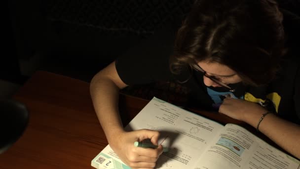 Młoda Dziewczyna Robi Pracę Domową Pracuje Nad Podręcznikiem Fizyki — Wideo stockowe