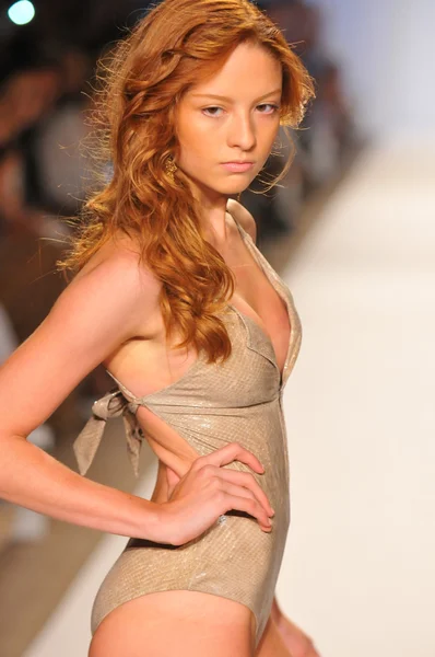 Model walking runway at the Aquarella Swim Collection for Spring Summer 2013 during Mercedes-Benz Swim Fashion Week on July 23, 2012 in Miami — Stock Photo, Image