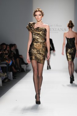 New York - 11 Şubat: A Model yürür pist Lincoln Center'da Venexiana sonbahar kış 2012 koleksiyonu gösterisi sırasında New York Moda Haftası 11 Şubat 2012 NY