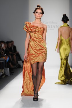 New York - 11 Şubat: A Model yürür pist Lincoln Center'da Venexiana sonbahar kış 2012 koleksiyonu gösterisi sırasında New York Moda Haftası 11 Şubat 2012 NY
