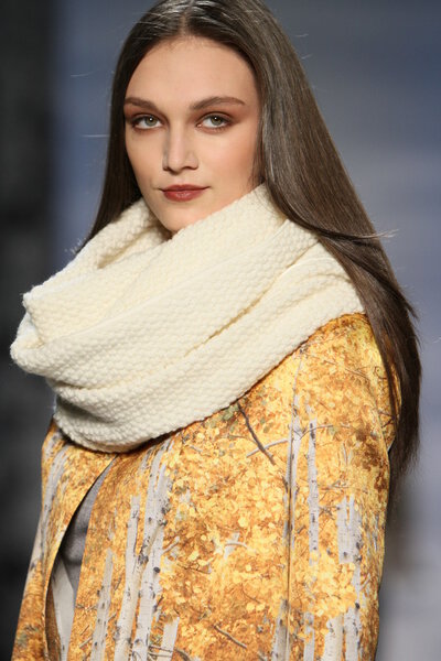 НЬЮ-ЙОРК - 14 ФЕВРАЛЯ: Модель прогуливается по подиуму на презентации коллекции Pamella Roland Fall Winter 2012 в Линкольн-центре во время Недели Моды в Нью-Йорке 14 февраля 2012 года
