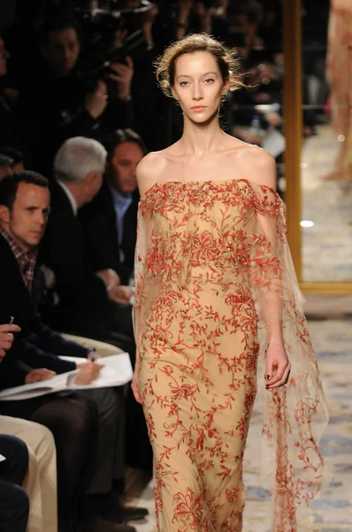 НЬЮ-ЙОРК - 15 февраля: Модель ходит по подиуму на презентации Marchesa Fall Winter 2012 в отеле Plaza во время Недели Моды в Нью-Йорке 15 февраля 2012 года в Нью-Йорке . — стоковое фото