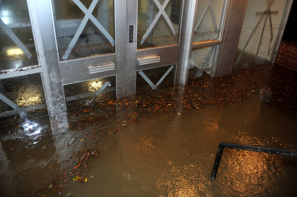 Flooded building entrance, caused by Hurricane Sandy