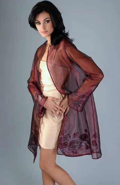 Porträtt av sofistikerad brunett kvinna på grå studio bakgrund — Stockfoto