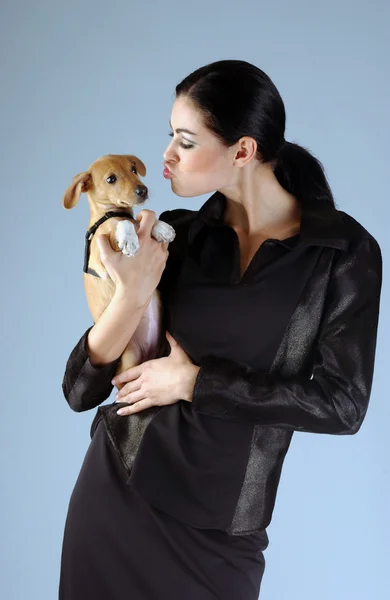Retrato de mujer morena sofisticada sosteniendo perro pequeño —  Fotos de Stock