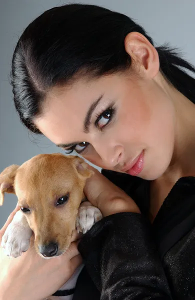 Retrato de mujer morena sofisticada sosteniendo perro pequeño —  Fotos de Stock