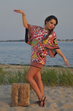güzel esmer model oldukça kısa tasarımcılar renkli elbise giyen tropik sahilde poz